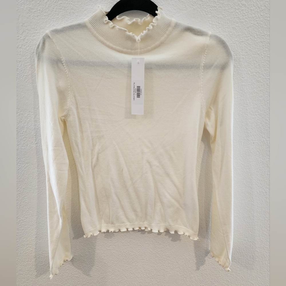 The Workshop  Cream Lettuce Hem Trim Ribbed Perfect Fall Layering Blouse Sz Lg